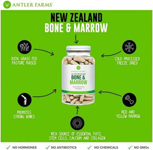 Antler Farms New Zealand Bone & Marrow - Grass Fed, 750mg, 180 Capsules | 100% Pure, Pasture Raised Whole Bone Extract, Healthy Essential Fats, Stem Cells, Collagen, Calcium, Phosphorus and Minerals