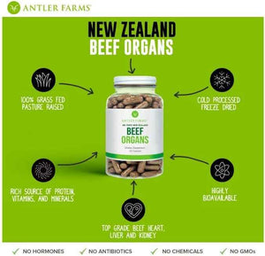 Antler Farms New Zealand Beef Organs - Heart Liver Kidney, 180 Ct, 400mg | 100% Pure Grass Fed Beef Organ Supplement, Cold Processed, Pure and Clean rBGH Free, No Fillers or Additives