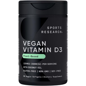 Sports Research Vegan Vitamin D3 5000IU (125 mcg) with Coconut Oil | 100% Plant-Based Vitamin D for Bone, Joint & Immune Support | Carrageenan Free, Vegan Certified & Non-GMO Verified (60 Softgels) Sports Research buy supplements Au