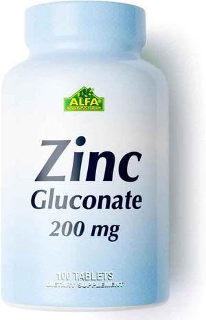 Zinc Gluconate 200 mg by Alfa Vitamins - Boost Immune System - Promote Healthy Skin - 100 Tablets