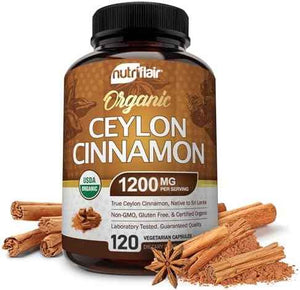 NutriFlair Organic Ceylon Cinnamon Supplement 1200mg, 120 Capsules - USDA Certified - Non-GMO, Gluten Free Powder, Antioxidant Pills
