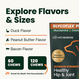 VetriScience Ultimate Strength Healthy Hip & Joint Chews, GlycoFlex Glucosamine, Chondroitin and Green-Lipped Mussel Joint Support Supplement for Dogs, Soothe Joint Discomfort, Duck, 120 Count VETRISCIENCEBuy Supplements Australia
