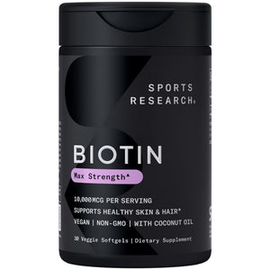 Sports Research® Biotin 10,000mcg with Organic Coconut Oil - Biotin (Vitamin B7) for Healthy Skin and Hair Support* - for Women and Men - Vegan, Non-GMO, Gluten & Soy-Free - 30 Veggie Softgels Sports Research buy supplements Au