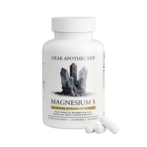 Supplement bottle labeled 'Dear Apothecary Magnesium 5' on a white background
