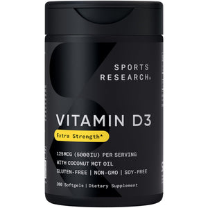 Sports Research Vitamin D3 5000 IU with Coconut MCT Oil - High Potency Vitamin D Supplement for Immune & Bone Support - Non-GMO Verified, Gluten & Soy Free – 125mcg, 360 Liquid Softgels Sports Research buy supplements Au