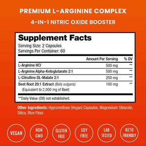 NutraChamps L-Arginine Supplement 1000mg + L-Citrulline 250mg & Beet Root – Nitric Oxide Booster for Heart Health, Energy & Stamina – Extra Strength Amino Acid Complex – 120 Vegan Capsules