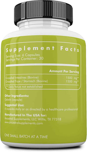 Ancestral Supplements Beef Intestines Capsules, Digestion Support, 180 ct | Natural digestive enzymes in this tripe supplement support acid reflux comfort, gut, intestine and digestive health.