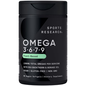 Sports Research® Vegan Omega 3-6-7-9 - 1200 mg of Multi-Spectrum Omega Fatty Acids Certified Non-GMO Formula with Sea Buckthorn & Borage Oil - 90 Veggie Softgels Sports Research buy supplements Au