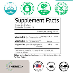 THEREXA Vitamin D3 K2 Magnesium Supplement - Extra Strength with 10000 IU Vitamin D3, Magnesium Glycinate and 200 mcg K2 MK-7 Vitamin Supplements Complex, for Women & Men - 300 Softgels THEREXA buy supplements Au