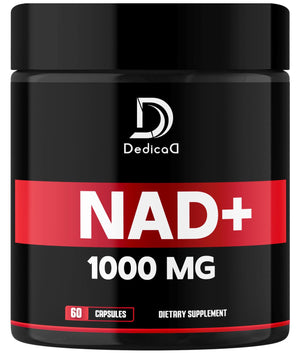 Supplement container labeled 'NAD+ 1000 MG' with DedicaD branding on a black background.