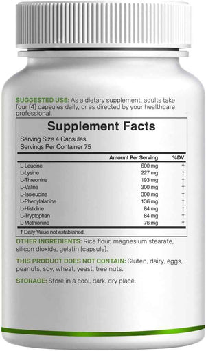 Essential Amino Acids (EAA) 2000mg Per Serving, 300 Capsules – Unflavored - 9 in 1, All BCAAs (Branched-Chain Aminos) – Lean Muscle Support & Natural Pre Workout Supplement