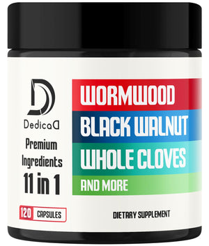 Dedica dietary supplement jar with ingredients listed on a white background