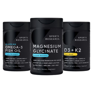 Sports Research® Multivitamins Pack - Triple Strength Omega-3 Fish Oil 1250 + 160 mg Chelated Magnesium Glycinate + Vegan Vitamin D 5000iu & Mk7 Vitamin K 100mcg Sports Research buy supplements Au