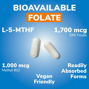 Vitalibre Methyl Folate 1000 mcg, L-5-MTHF with Methylcobalamin B12, Heart & Blood Health, Healthy Nervous System, Energy Support, Vegan, Bioactive Form, Best Absorption, 60 Capsules