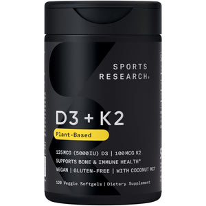 Sports Research Vitamin D3 with K2 Softgels - Plant Based K2 & Vegan D3 5000iu with Coconut MCT Oil - Vegan Certified, Soy & Gluten Free - 120 Count Sports Research buy supplements Au