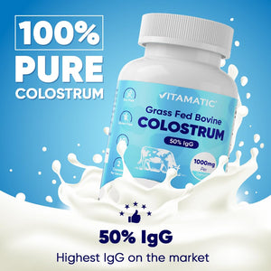 Vitamatic Bovine Colostrum Supplement 1000 mg per Serving - 50% Highest IgG - Supplement for Gut Health, Hair Growth, Beauty, Muscle Recovery, & Immune Support - 120 Capsules - 2 Pack VitamaticBuy Supplements Australia