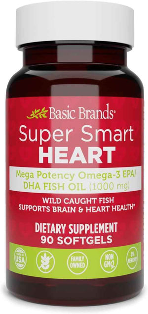 Basic Brands Super Smart Heart Omega Triple Strength, 1,000 mg 90 Count | EPA & DHA for Heart, Brain & Joint Support, Purified, Wild-Caught, Non-GM