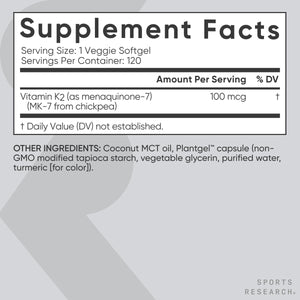 Sports Research Vitamin K2 as MK-7 100mcg with Coconut MCT Oil - 120 Veggie Softgels (4 Month Supply) Vegan Certified, Non-GMO Verified, Gluten & Soy Free Sports Research buy supplements Au
