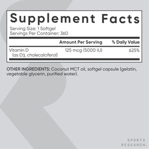 Sports Research Vitamin D3 5000 IU with Coconut MCT Oil - High Potency Vitamin D Supplement for Immune & Bone Support - Non-GMO Verified, Gluten & Soy Free – 125mcg, 360 Liquid Softgels Sports Research buy supplements Au