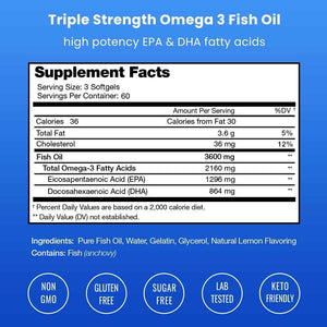 Triple Strength Omega 3 Fish Oil 3600 mg | EPA & DHA | 180 Softgels | Burpless Fish Oil Supplement, Wild Caught | Over 2100mg Omega-3 Fatty Acids Supplements | Natural Lemon Flavor Omegas 3 Pills