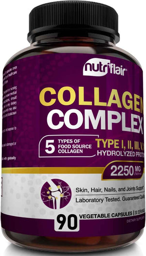 NutriFlair Multi Collagen Peptides 2250mg, 90 Capsules - Type I, II, III, V, X - Collagen Supplements Complex Powder Pills for Women and Men - Hydrolyzed Protein, Healthy Hair, Skin, Nails - Non-GMO
