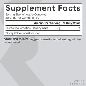 Sports Research® Creatine Monohydrate Capsules - Supports Workout Recovery, Lean Muscle gain, Performance and Strength* - Non-GMO, Vegan Certified - 5g per Servings - 30 Servings Sports Research buy supplements Au