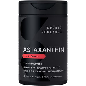 Sports Research Triple Strength Vegan Astaxanthin Supplement from Algae - Plant Based Softgels for Antioxidant Activity, Skin & Eye Health - Non-GMO Verified, Made with Coconut Oil - 12mg, 60 Count Sports Research buy supplements Au