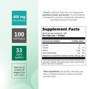 Magnesium Citrate Complex 400 mg – Triple Magnesium with Citrate, Aspartate & Lactate – High Absorption – 100 Softgels Nutra Nutrition buy supplements Au