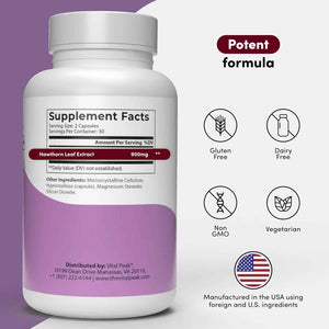 Vital Peak® Hawthorn Peak 900 mg - Supports Heart & Cardiovascular Health - Hawthorn Berry Leaf Extract Supplement - Promotes Overall Wellness - Vegan, Gluten Free, Dairy Free, Non-GMO - 60 Capsules