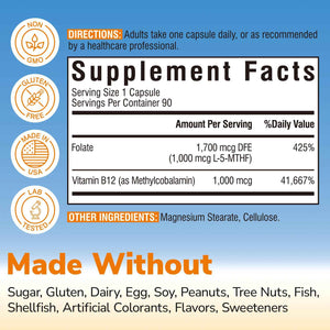 Vitalibre Methyl Folate 1000 mcg, L-5-MTHF with Methylcobalamin B12, Heart & Blood Health, Healthy Nervous System, Energy Support, Vegan, Bioactive Form, Best Absorption, 60 Capsules