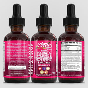Liquid Probiotics for Women Drops with Chasteberry, Black Cohosh, Prebiotics, Digestive Enzymes, Evening Primrose Oil, Wild Yam, Cranberry Dmannose and Iron Vitamin D3 K2 Clean Nutra Bella Biotics Clean Nutraceuticals buy supplements Au