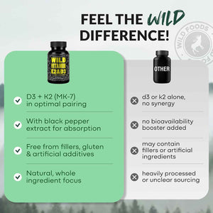 Wild Foods 5000iu Vitamin D3 + K2 | (100mcg Mk7) with Black Pepper Extract, Plant-Based, Non-GMO, Soy & Gluten-Free | Dietary Supplement | Made in USA | 60 Capsules