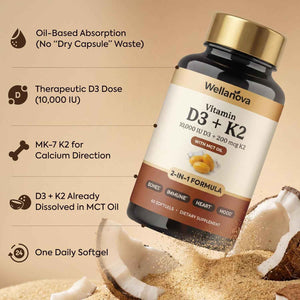 Vitamin D3 K2 10,000 IU – Pure 2-in-1 Vitamin Supplement for Men & Women | MK-7 200 Mcg With Coconut Oil, 60 Softgels