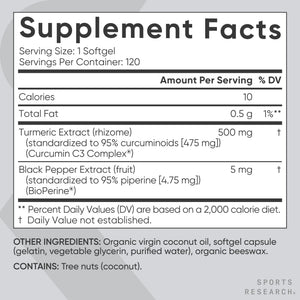 Sports Research® Turmeric Curcumin C3 Complex® w/BioPerine Black Pepper Extract & Organic Coconut Oil - Standardized 95% Curcuminoids · Non-GMO · Gluten Free - 120 Count Softgels Sports Research buy supplements Au