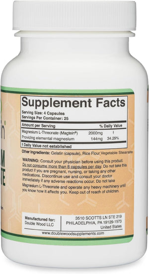 Magnesium L Threonate, Magtein, Sleep and Cognitive Support – High Absorption – Most Bioavailable Form of Magnesium – 2,000 mg – 120 Capsules Double Wood SupplementsBuy Supplements Australia