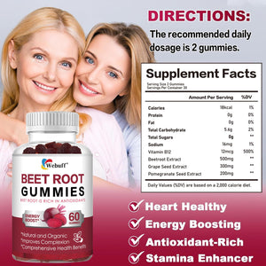 Webuff Beet Root Gummies - Nitric Oxide Booster with Organic Beet, Pomegranate & Grape Seed, Vitamin B12 - Energy, Circulation & Heart Health Support, Vegan, Non-GMO, 60 Count (Pack of 1) Webuff buy supplements Au