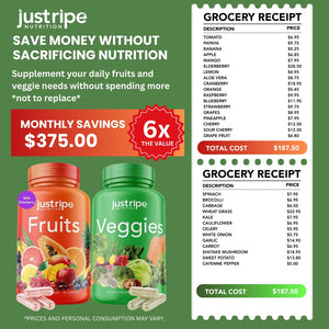 Fruits and Veggies Supplement - 90 Fruit and 90 Vegetable Capsules - 100% Whole Natural Superfood - Filled with Super Greens Vitamins and Minerals - Supports Balance Energy Levels (1 Pack) Just Ripe Nutrition buy supplements Au