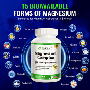 Magnesium Complex with 15 Types Magnesium Glycinate Citrate Malate Taurate Oxide Carbonate Chloride Orotate Magnesio Muscle, Heart, Relaxation & Nerves 120 Vegan Capsules, 60-Day Supply Ashenutri buy supplements Au