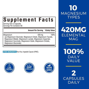 Vitalibre 10 in 1 Magnesium Complex, 420mg Elemental Magnesium 120 Capsules | Ultra Strength, Max Absorption | Chelated Magnesium Supplement for Women Men Nerves, Bone & Heart Health | Non-GMO