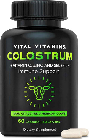 Vital Vitamins Colostrum Supplement, 30% IgG, Grass-Fed Bovine, 60 Capsules | Supports Immune Defense & Gut Health, Colostrum with Vitamin C, Zinc, & Selenium, Non-GMO