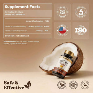 Vitamin D3 K2 10,000 IU – Pure 2-in-1 Vitamin Supplement for Men & Women | MK-7 200 Mcg With Coconut Oil, 60 Softgels