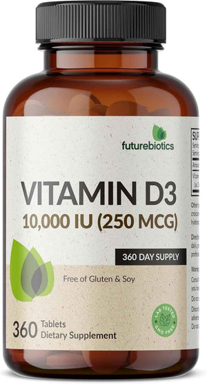 Futurebiotics Vitamin D3 10,000iu (250mcg) 360 Day Supply for Healthy Muscle Function and Immune Support, Non-GMO, 360 Tablets
