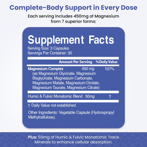 Magnesium Complex for Sleep, Relaxation, Digestion & Calm – Magnesium Glycinate, Citrate, Bisglycinate, Carbonate, Malate, Orotate, Taurate, + Humic/Fulvic for High Absorption - 90 ct. VITAMIZED buy supplements Au
