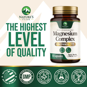 Magnesium Complex Supplement - Magnesium 500mg Per Serving - High Absorption Blend of Glycinate, Citrate, Malate, Oxide - Supports Sleep, Muscle, Bone, Heart Health - Bottled in USA - 60 Capsules Nature's Peak buy supplements Au