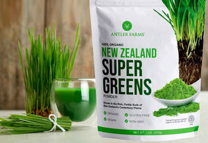 Antler Farms New Zealand Super Greens Powder - Organic, 40 Servings, 200g | 100% Pure, Wheat Grass, Barley Grass, Chlorella, Spirulina - Vegan, Gluten Free, Chlorophyll Rich, for Energy and Detox