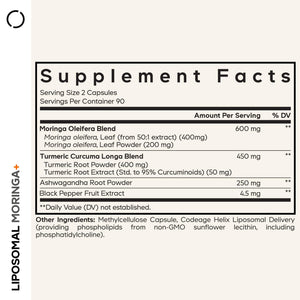 Codeage Liposomal Moringa+ Supplement, 400mg Moringa 50:1 Extract - Turmeric, Ashwagandha, Black Pepper, 3-Month Supply, Vegan Moringa Powder - 180 Capsules CodeageBuy Supplements Australia