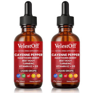 Two bottles of VelestOff Cayenne Pepper liquid drops on a white background