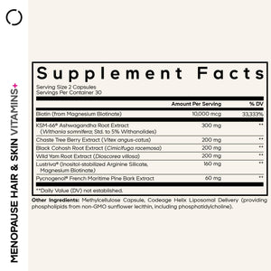Codeage Menopause Hair & Skin Vitamins+ - Patented Lustriva, Pycnogenol, KSM-66 Ashwagandha - Hair Density Skin Perimenopause Support - Menopause Supplement - 10,000 Mcg Biotin, Wild Yam - 60 Capsules CodeageBuy Supplements Australia