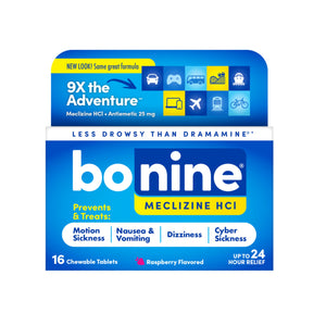 Bonine Non-Drowsy for Motion Sickness Relief, Sea Sickness, Car Sickness, Nausea, & Vomiting - Meclizine HCI 25mg, Travel-Sized - 16ct Raspberry Chewable Tablets (Packaging May Vary) Bonine buy supplements Au