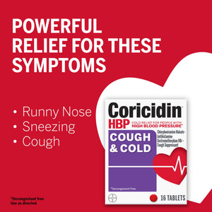 Coricidin HBP Decongestant-Free Cough and Cold Medicine - Specially Designed Relief for High Blood Pressure, Cough, Runny Nose, Sneezing and Cold Symptoms (16 Count) Coricidin HBP buy supplements Au